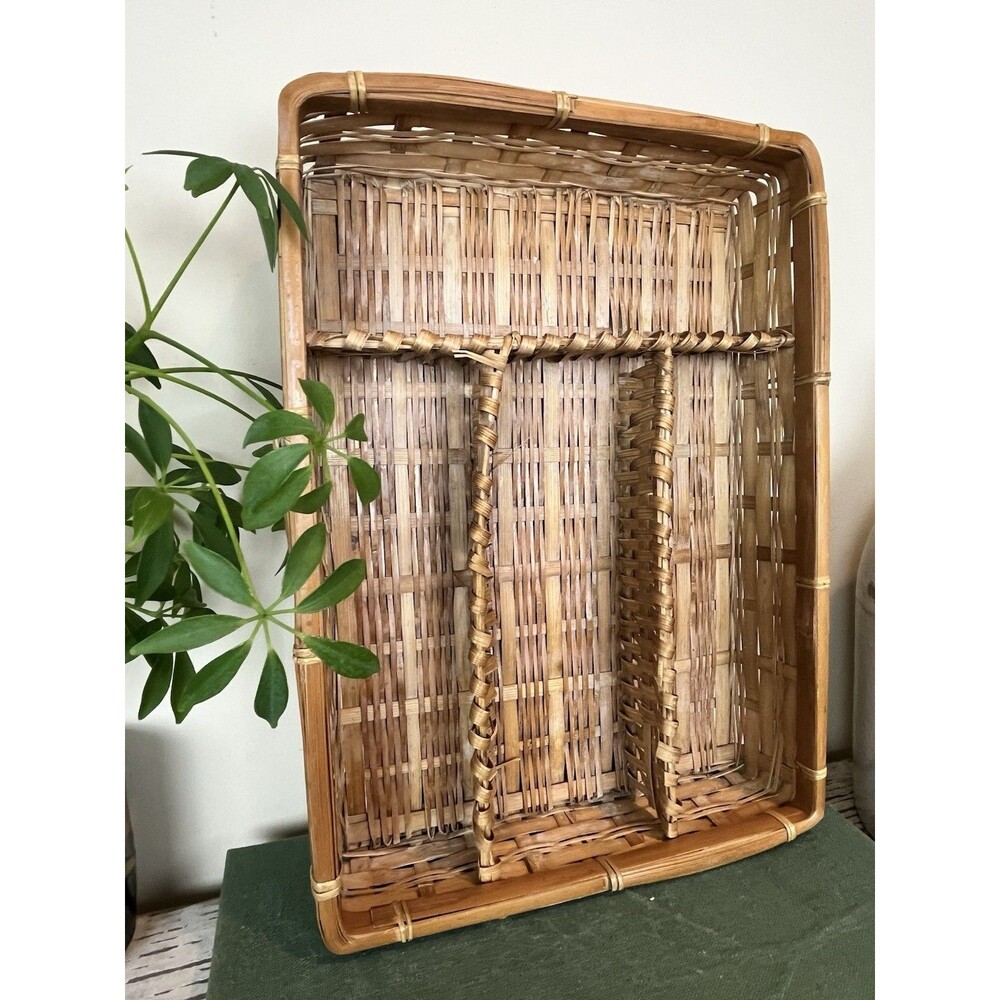 Vintage Wicker Rattan Flatware Utensil Drawer Tray Basket / Boho Kitchen